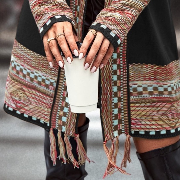 Black Cardigan Aztec Western Bohemian Print Knit Long Sleeve - Picture 9 of 16